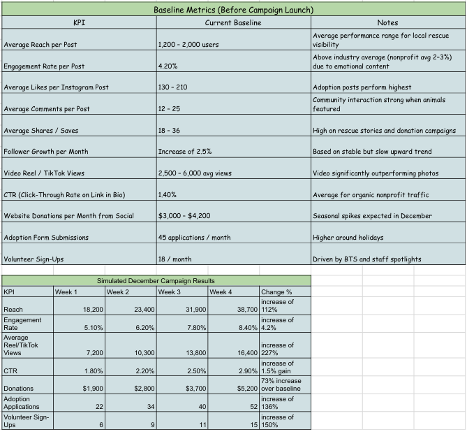 Baseline KPI metrics and simulated December campaign results including reach, engagement, applications, and donations.