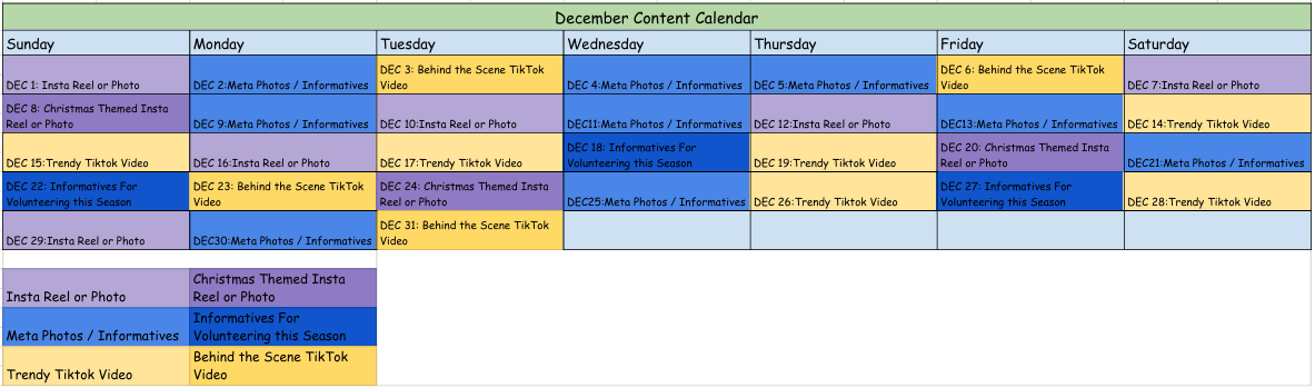December content calendar showing themed posts for each day including reels, photos, TikTok videos, and informational posts.